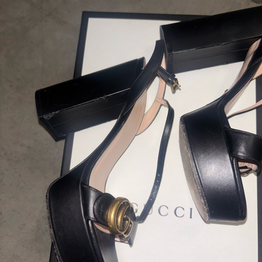 Gucci marmont double g Black Leather Women's block heel Sandals 38 - Picture 3 of 7
